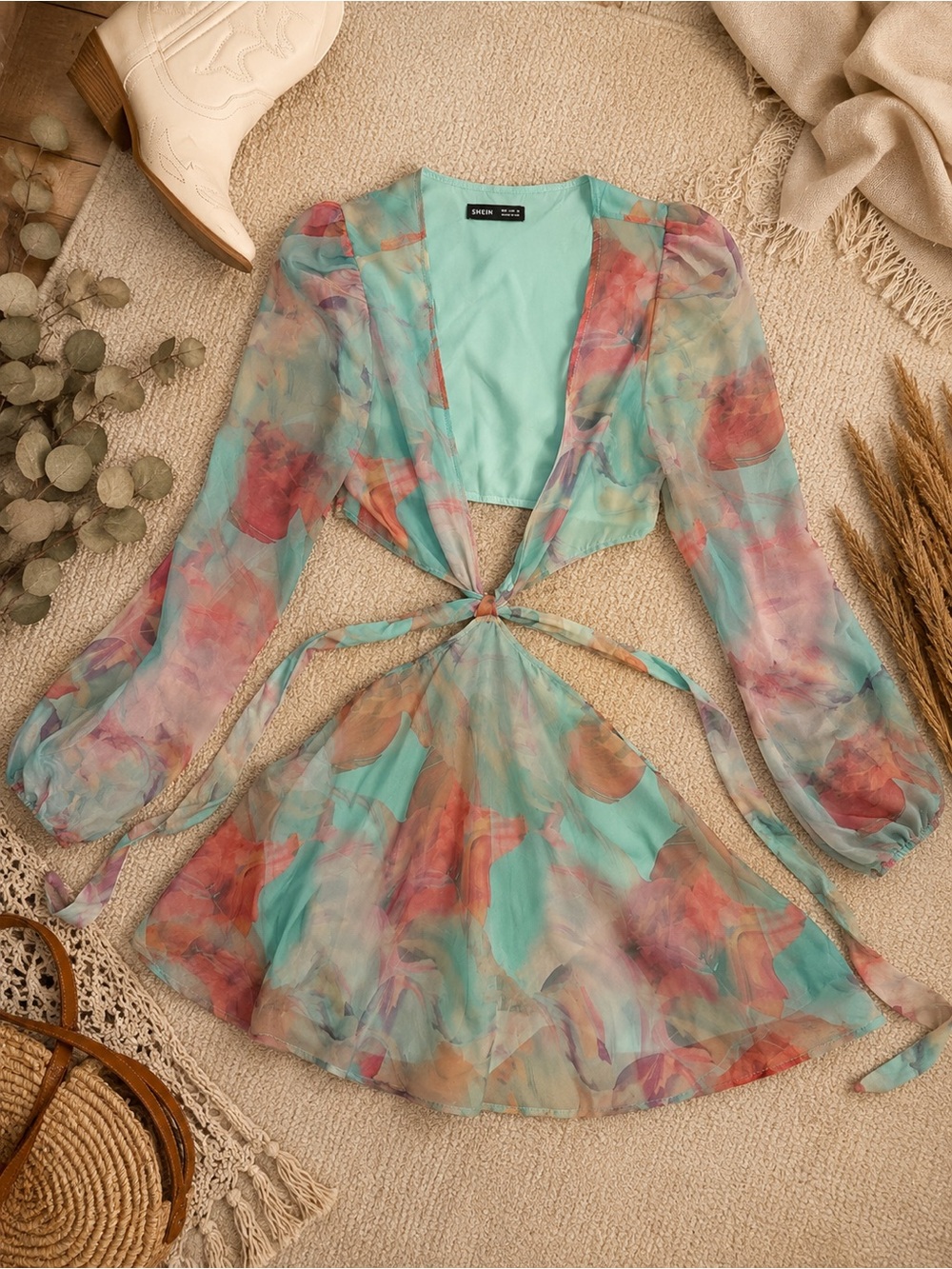 Aqua Floral Multicolor Tie-Front Sheer Romper